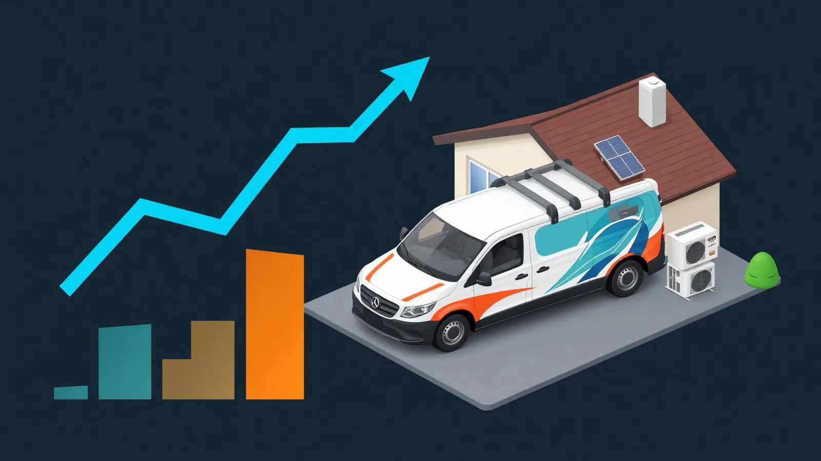 Isometric illustration of a local service business with an upward growth chart, representing how Climate Flow Media measures website performance
